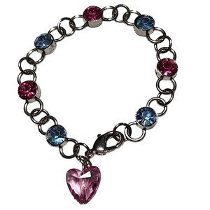 Elegant Charm Bracelet Pink Heart Blue Gems Silver Tone Fashion Jewelry Gift